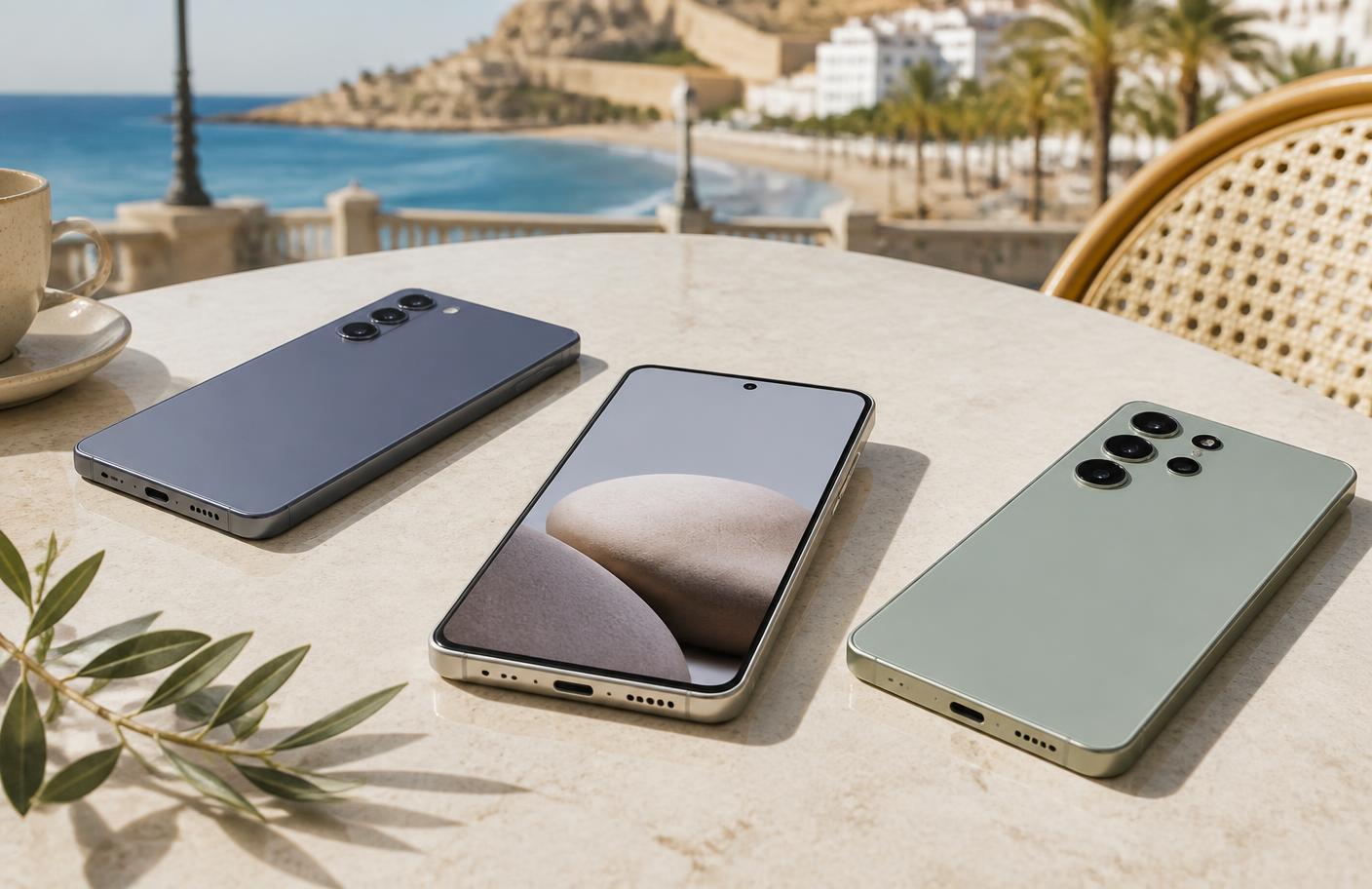 Tres smartphones distintos sobre una mesa frente al mar