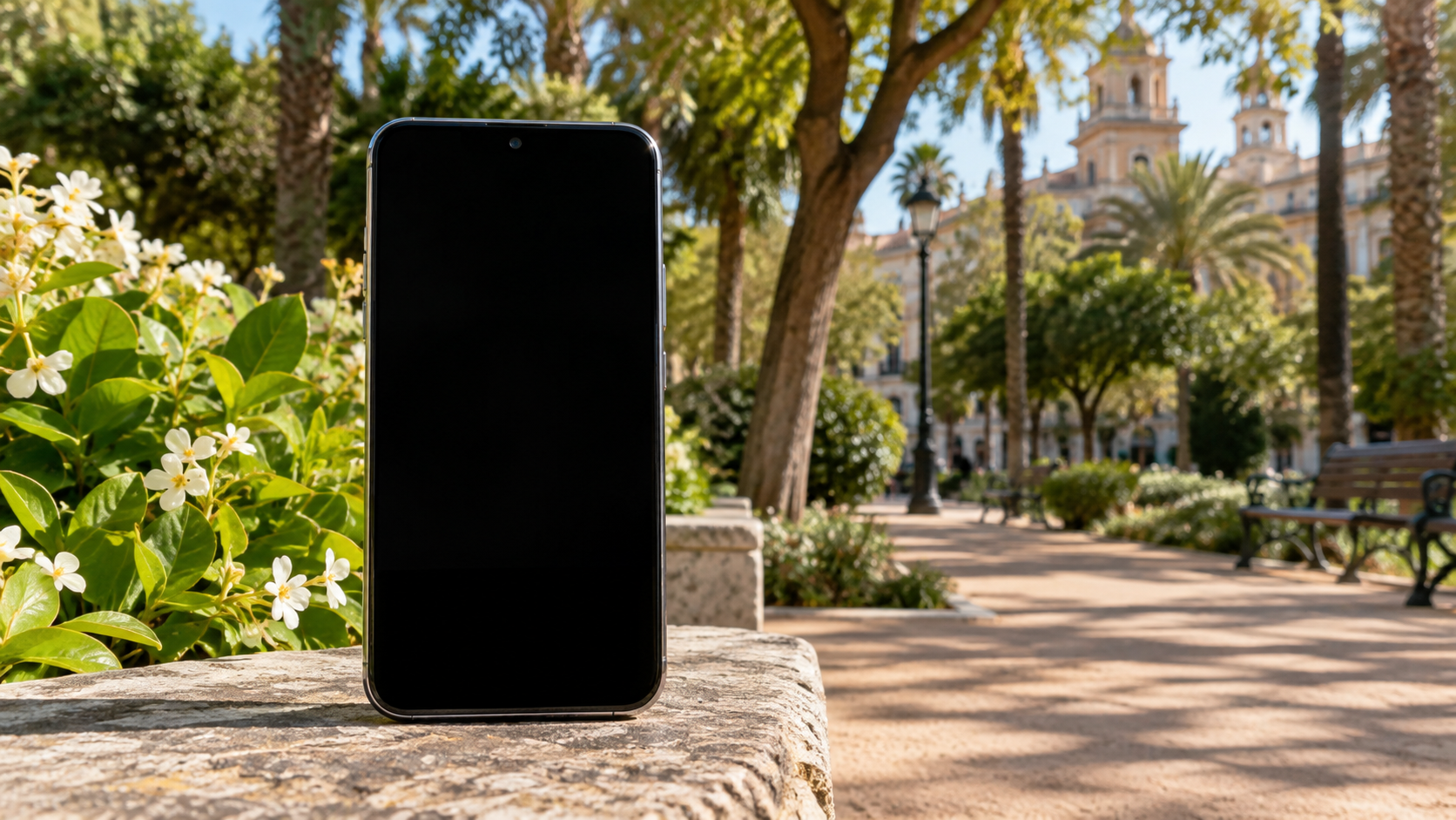 Smartphone en un parque soleado de España