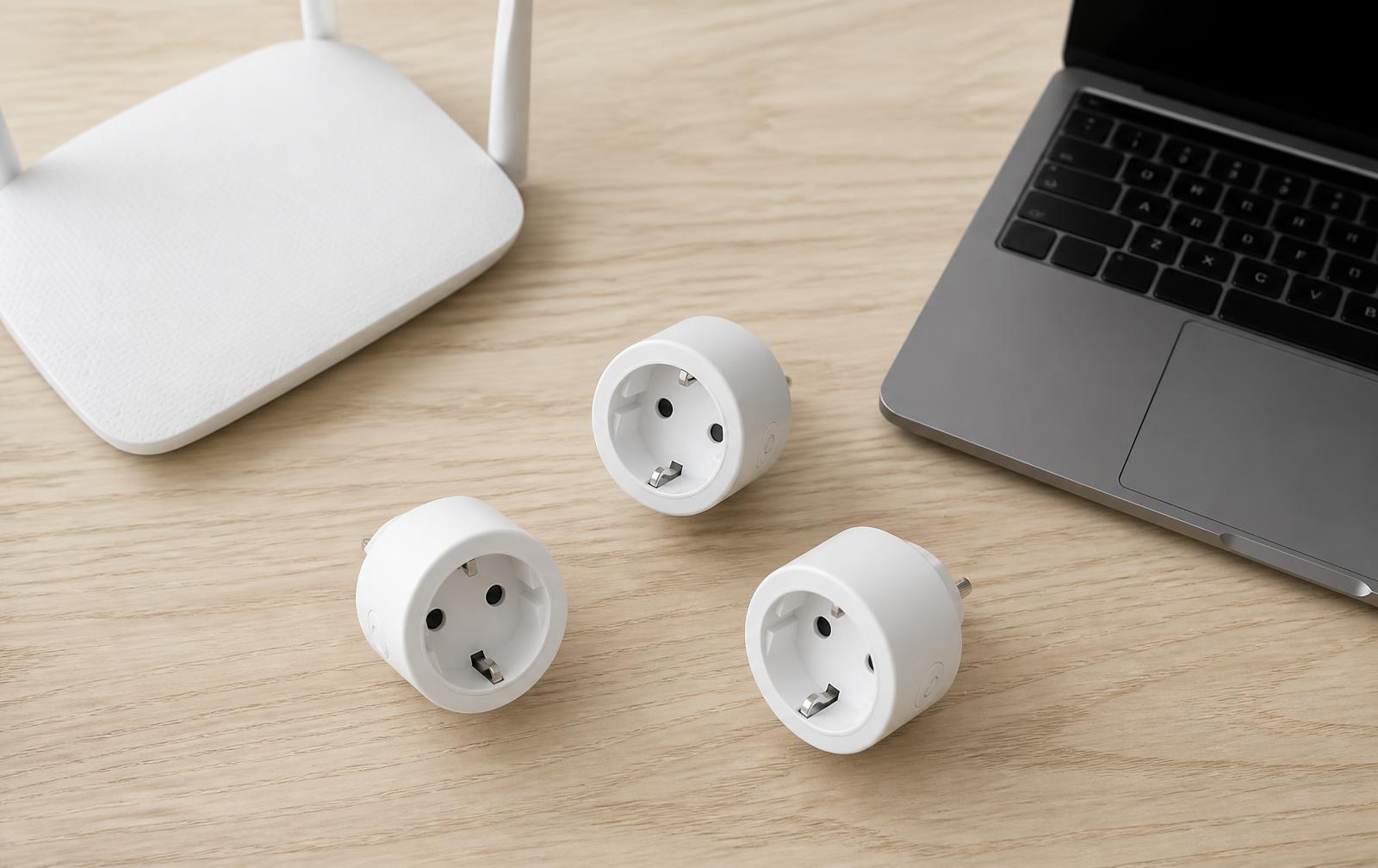 Tres enchufes inteligentes de tipo europeo junto a un router wifi y un portátil